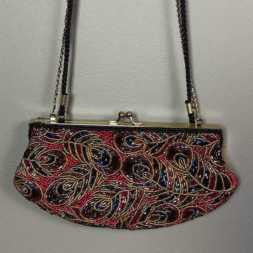 La Regale evening bag beaded peacock feathers colorful sparkle party prom VTG